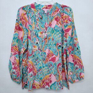 Lilly Pulitzer Silk Elsa Top in Multi Flamingo Print Size Large